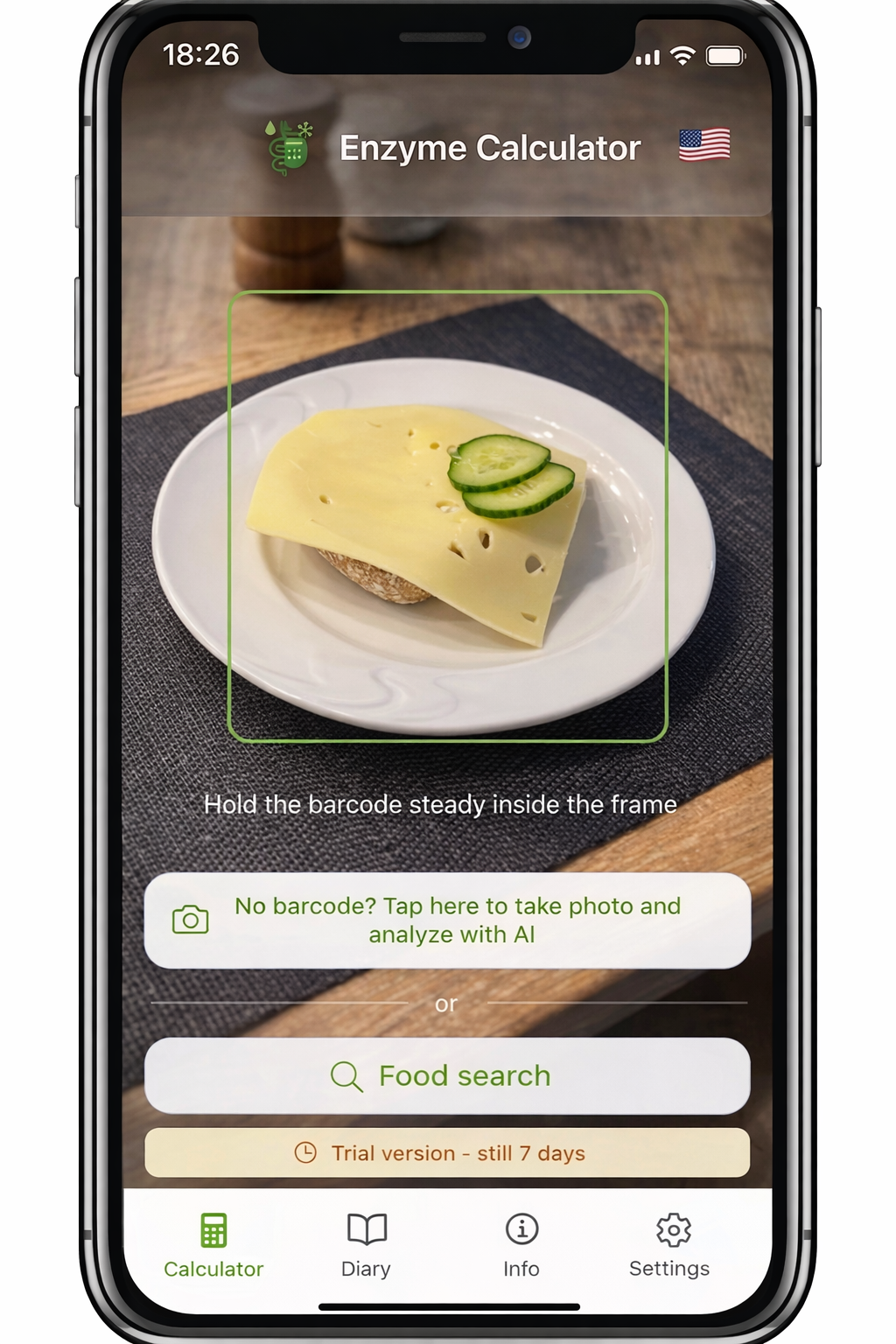 Enzyme Calculator App - Main screen with barcode scanner for quick food recognition